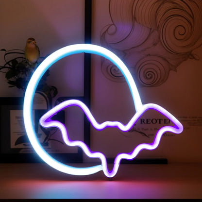 LED neon bat wall decor with circular outline, blue and purple glow