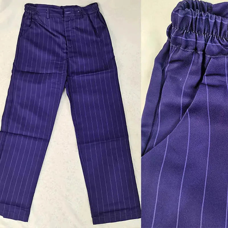 Men's pinstripe pants with elastic waistband and matching drawstring