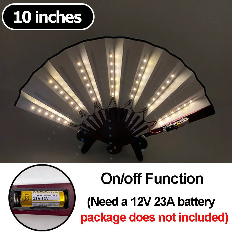 10-inch LED light-up folding hand fan with warm white LEDs and black handle