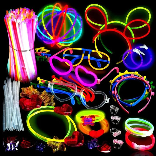 Glow stick party set with colorful light-up rings, glasses, necklaces, and bracelets