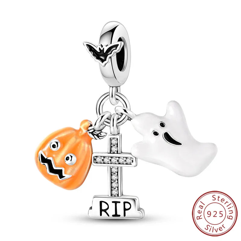 925 sterling silver Halloween charm bead with pumpkin, ghost, and RIP pendant