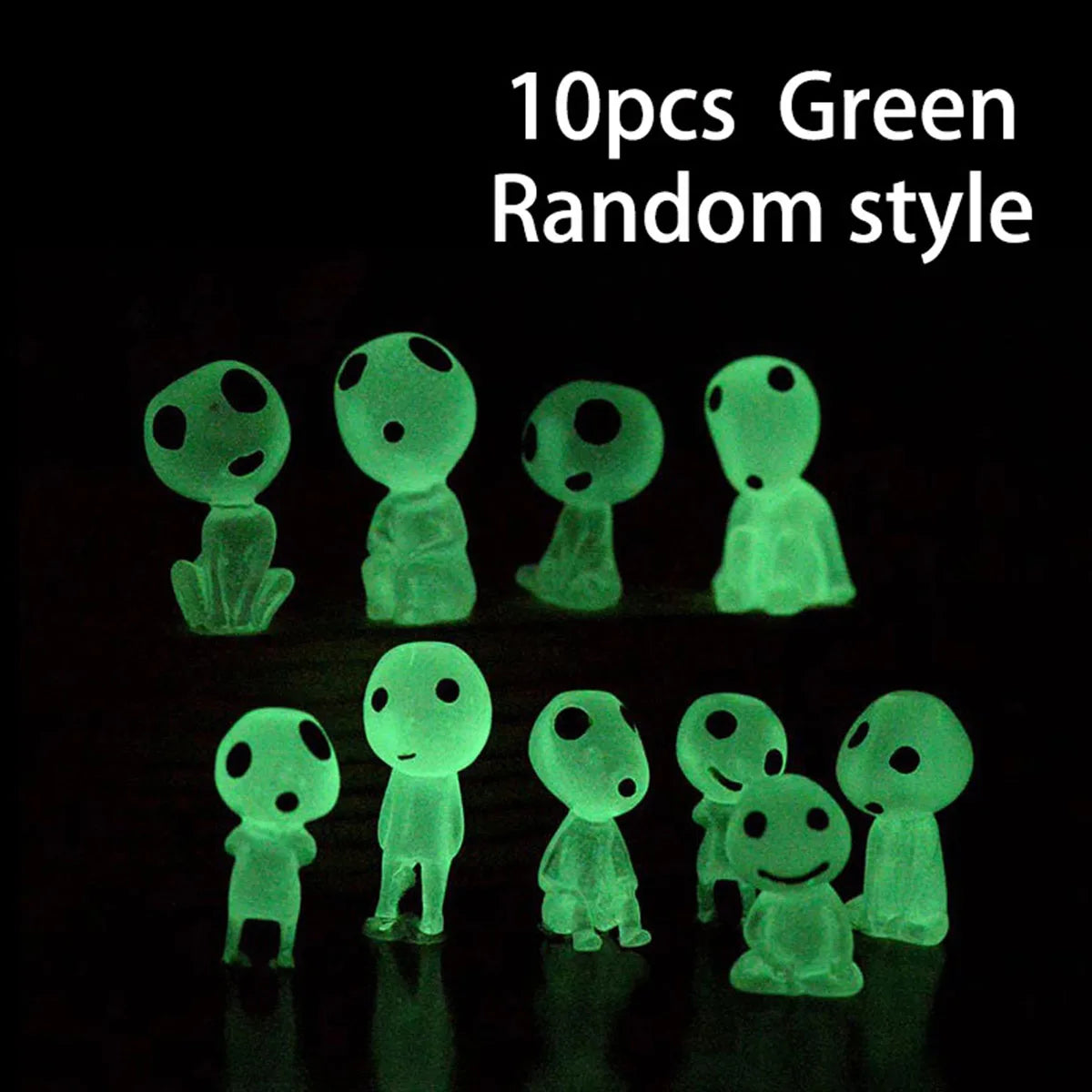 Set of 10 green glow figures, random style mini alien garden ornaments