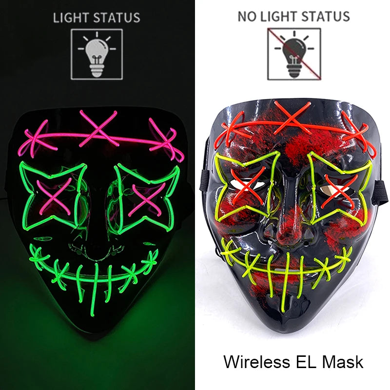 Neon LED purge mask with multicolor glowing grin and stitched mouth design