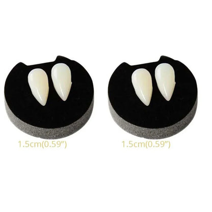 Vampire fang dentures with two off-white pointed teeth on black gum bases (pair)