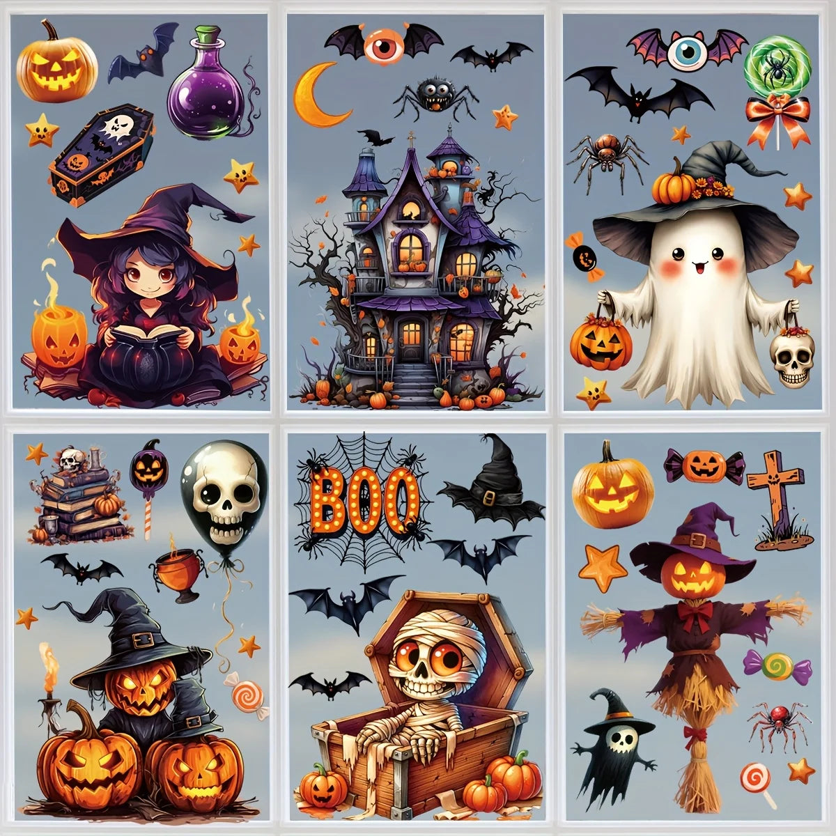 6-sheet Halloween window sticker decals featuring witch, haunted house, bats, and pumpkins