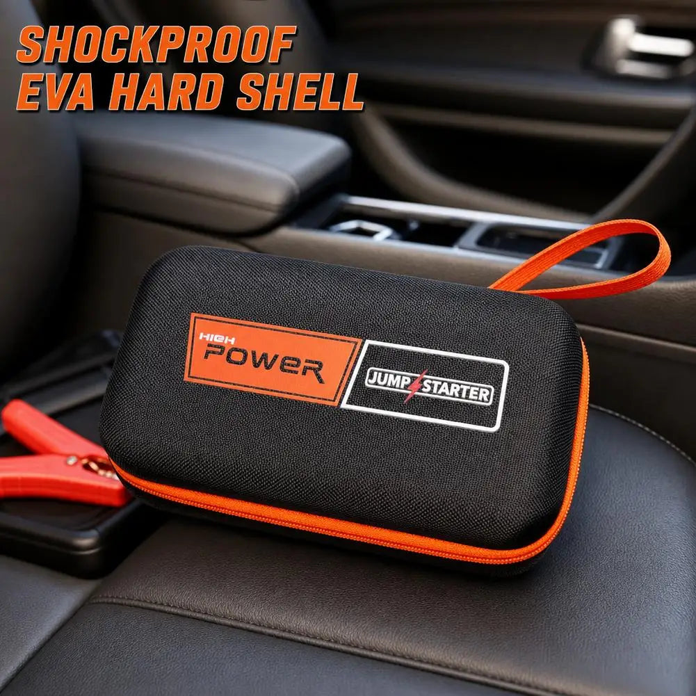 Black hard EVA case with orange piping and handle, featuring front POWER and JumpStarter labels