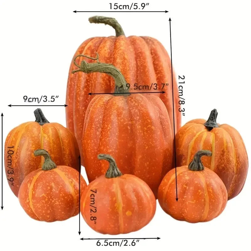 Artificial pumpkin decor set: seven orange faux pumpkins with dark stems, layout view.