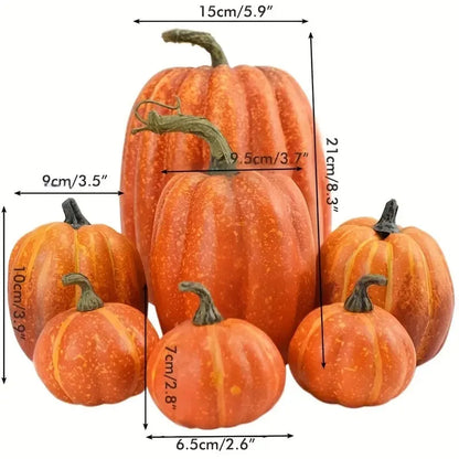 Artificial pumpkin decor set: seven orange faux pumpkins with dark stems, layout view.