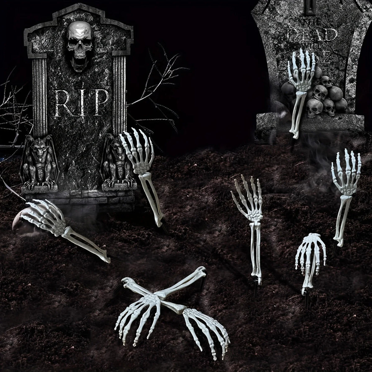 Halloween skeleton hand and bone garden stake yard scene with multiple figures