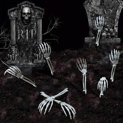 Halloween skeleton hand and bone garden stake yard scene with multiple figures