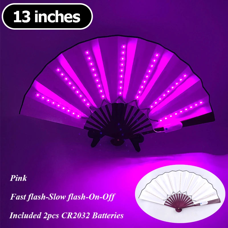 13-inch LED folding hand fan with pink LED light strips and black folding handle