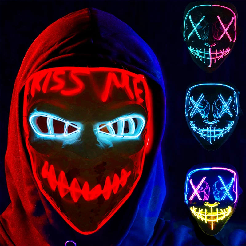 Neon LED purge mask with hood and glowing stitched skull face, multicolor lights