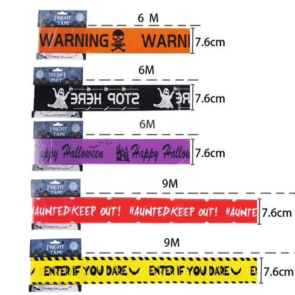 Halloween warning tape with skull graphics and alternating "WARNING", "HAUNTED KEEP OUT" messages
