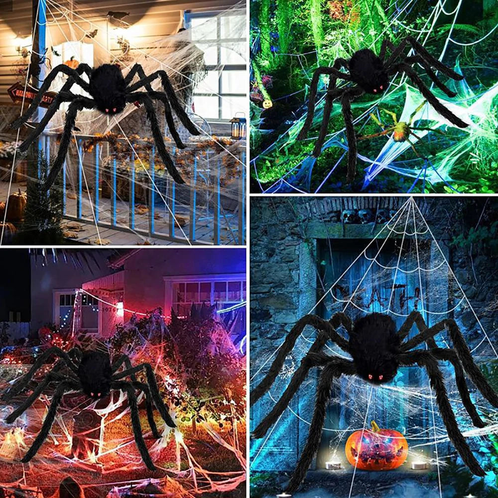 Halloween spider web decor with large black spider and stretchable triangle web