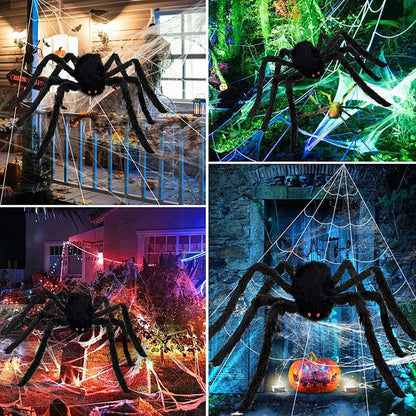 Halloween spider web decor with large black spider and stretchable triangle web