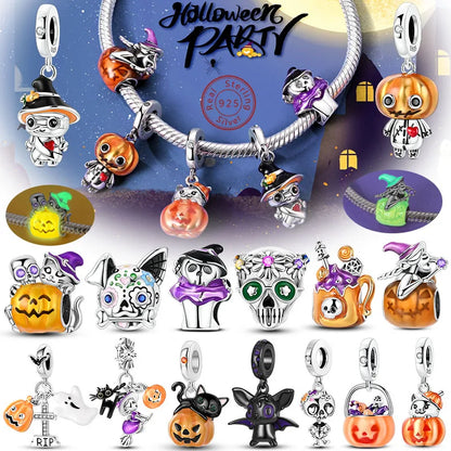 Halloween charm bead set in 925 sterling silver with pumpkin, witch, and skeleton designs