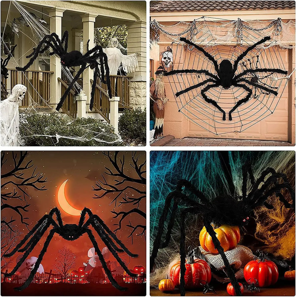 Giant plush black spider decoration with fuzzy legs and glowing red eyes