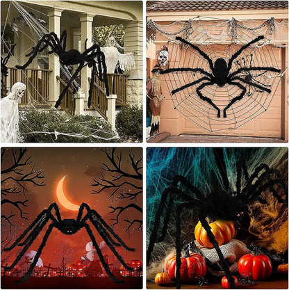 Giant plush black spider decoration with fuzzy legs and glowing red eyes