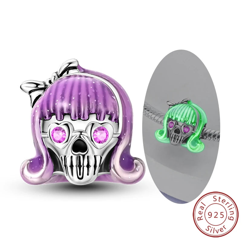 925 sterling silver Halloween charm bead with purple hood skull and pink heart eyes