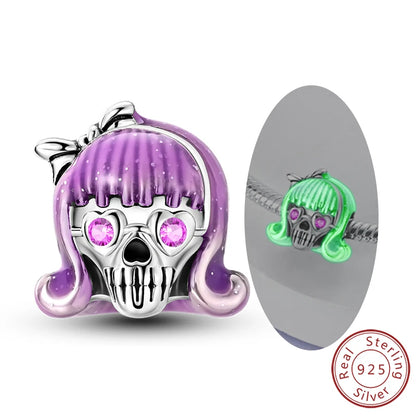 925 sterling silver Halloween charm bead with purple hood skull and pink heart eyes