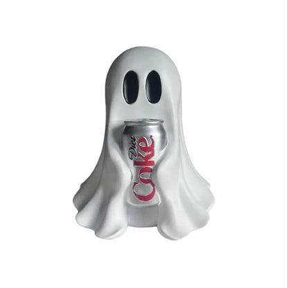 White ghost resin statue holding a silver soda can with red label, centered on white.