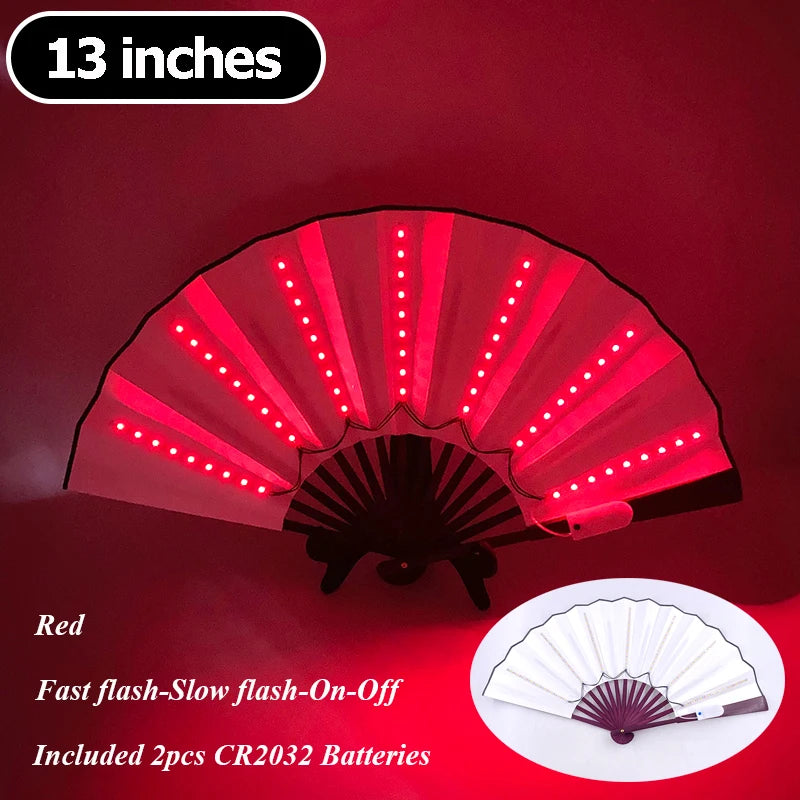 13-inch LED folding hand fan with red light strips and black folding handle