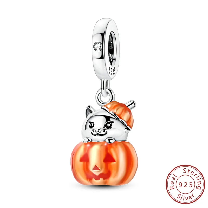 Halloween charm bead in 925 sterling silver with a smiling jack-o'-lantern and cat