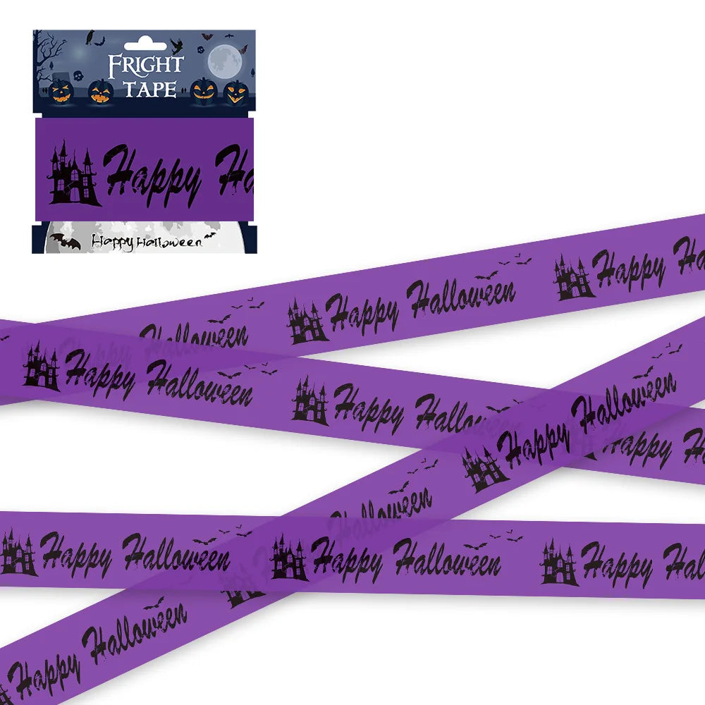 Purple Halloween warning tape with repeating 'Happy Halloween' text and castle icons