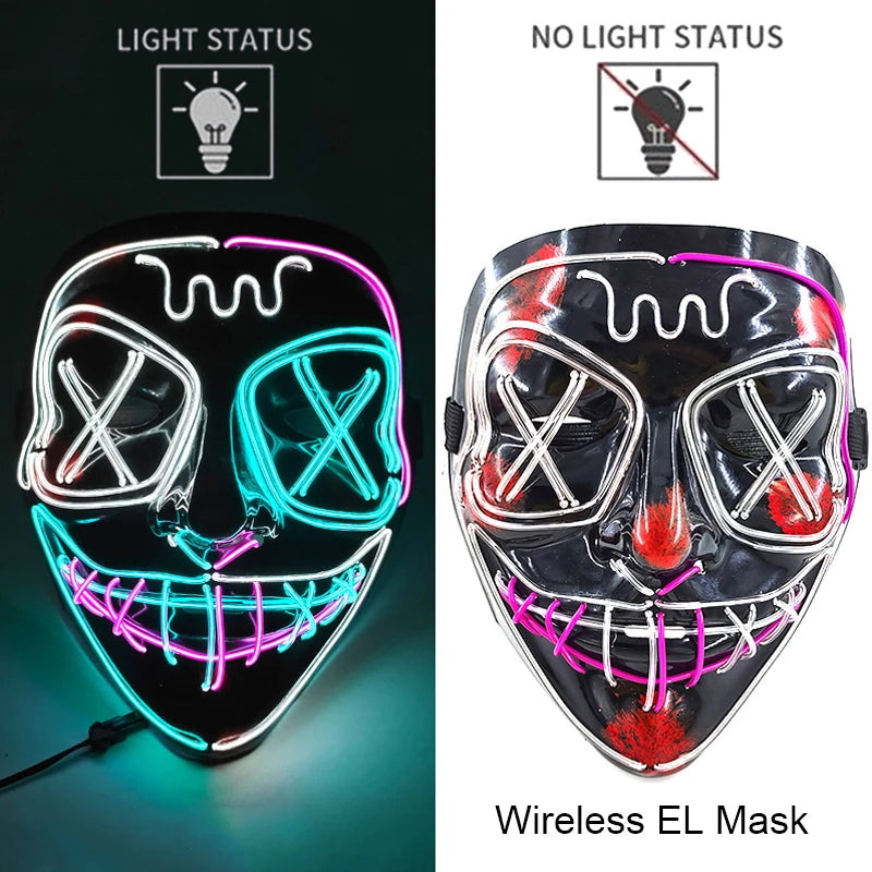 Neon LED light-up EL purge mask, black face with multicolor glowing outlines