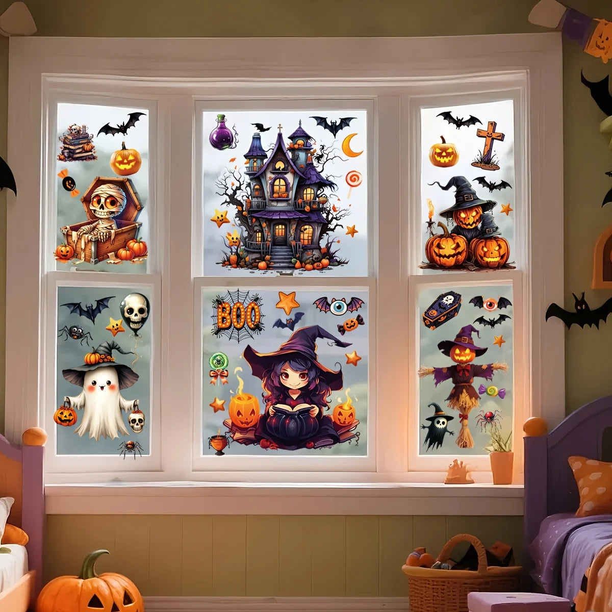 Halloween window decal set showing wizard, haunted house, bats, and jack-o'-lanterns