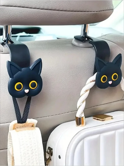 Black cat headrest hook pair with white rope strap and brass connector, set of 2