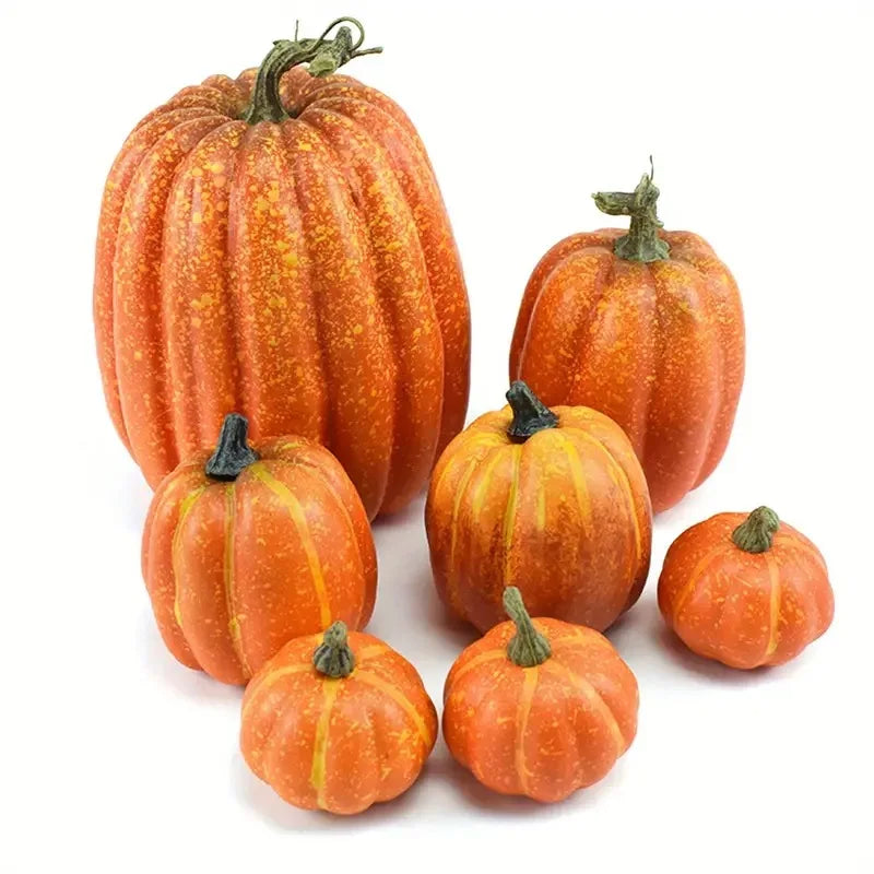 Artificial pumpkin decor set: assorted orange faux pumpkins with green stems on white.
