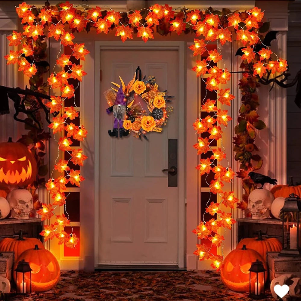 Halloween LED maple leaf lantern garland string lights with glowing orange-red leaves