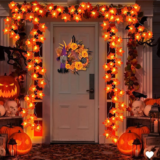 Halloween LED maple leaf lantern garland string lights with glowing orange-red leaves