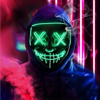 LED purge mask with hood, glowing green stitched grin and eye X light outlines
