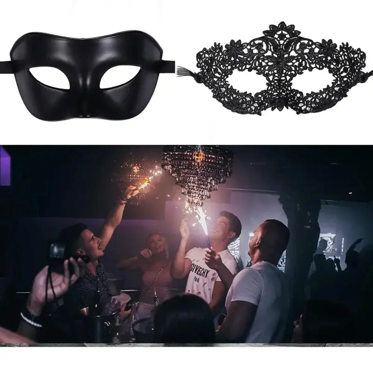 Pair of black masquerade masks: molded eye mask and lace eye mask with tie strings