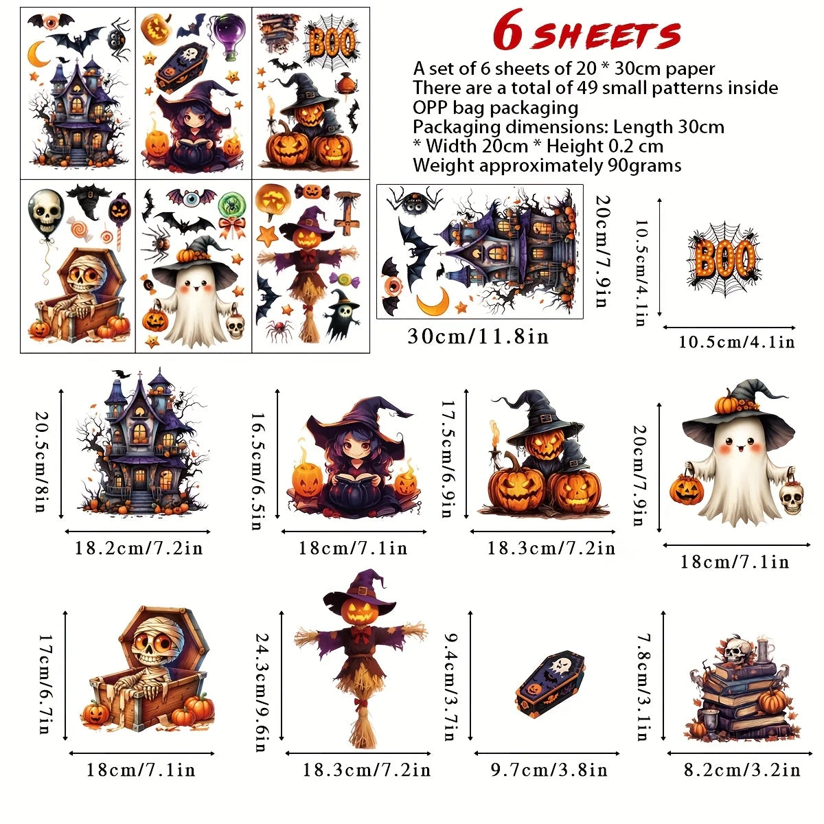 A product information graphic for a Halloween-themed sticker set showing 6 sheets with 49 small patterns. The designs include haunted houses, witches, pumpkins, ghosts, skulls, bats, and a scarecrow, each with dimensions labeled in centimeters and inches.