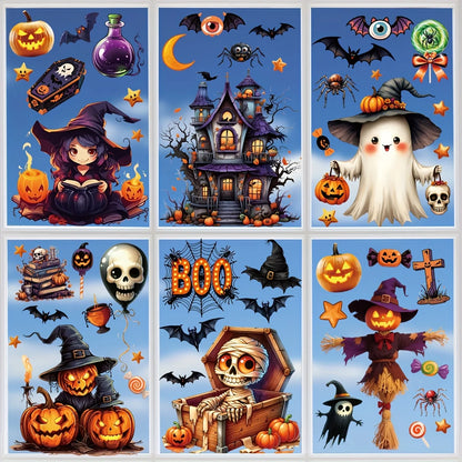 Set of 6 Halloween window sticker sheets with witch, haunted house, pumpkins, and skulls