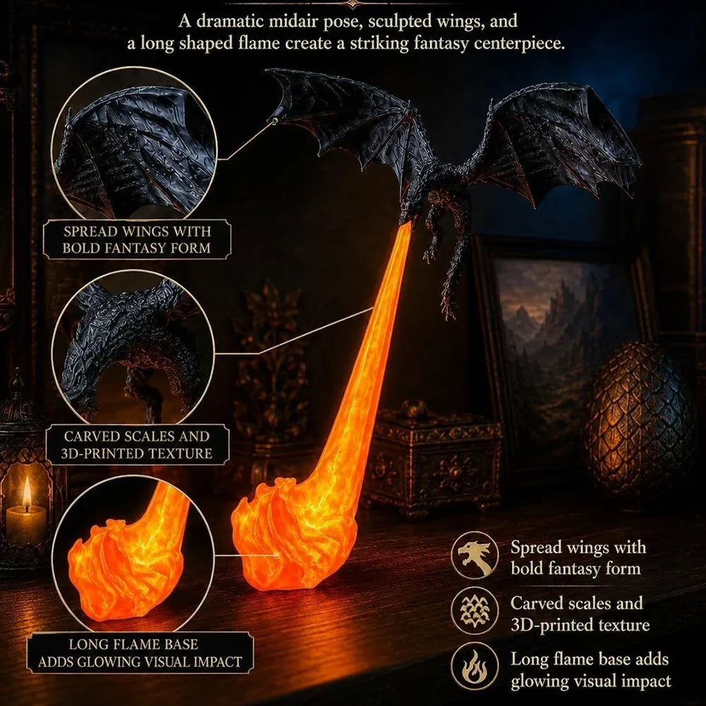 Gothic dragon flame night lamp with textured carved scales and tall glowing flame