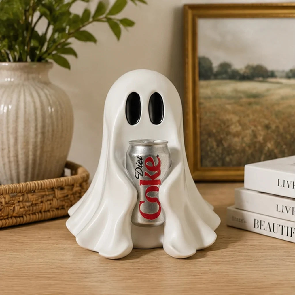 White ghost resin statue holding a silver soda can with red label, standing on tabletop.