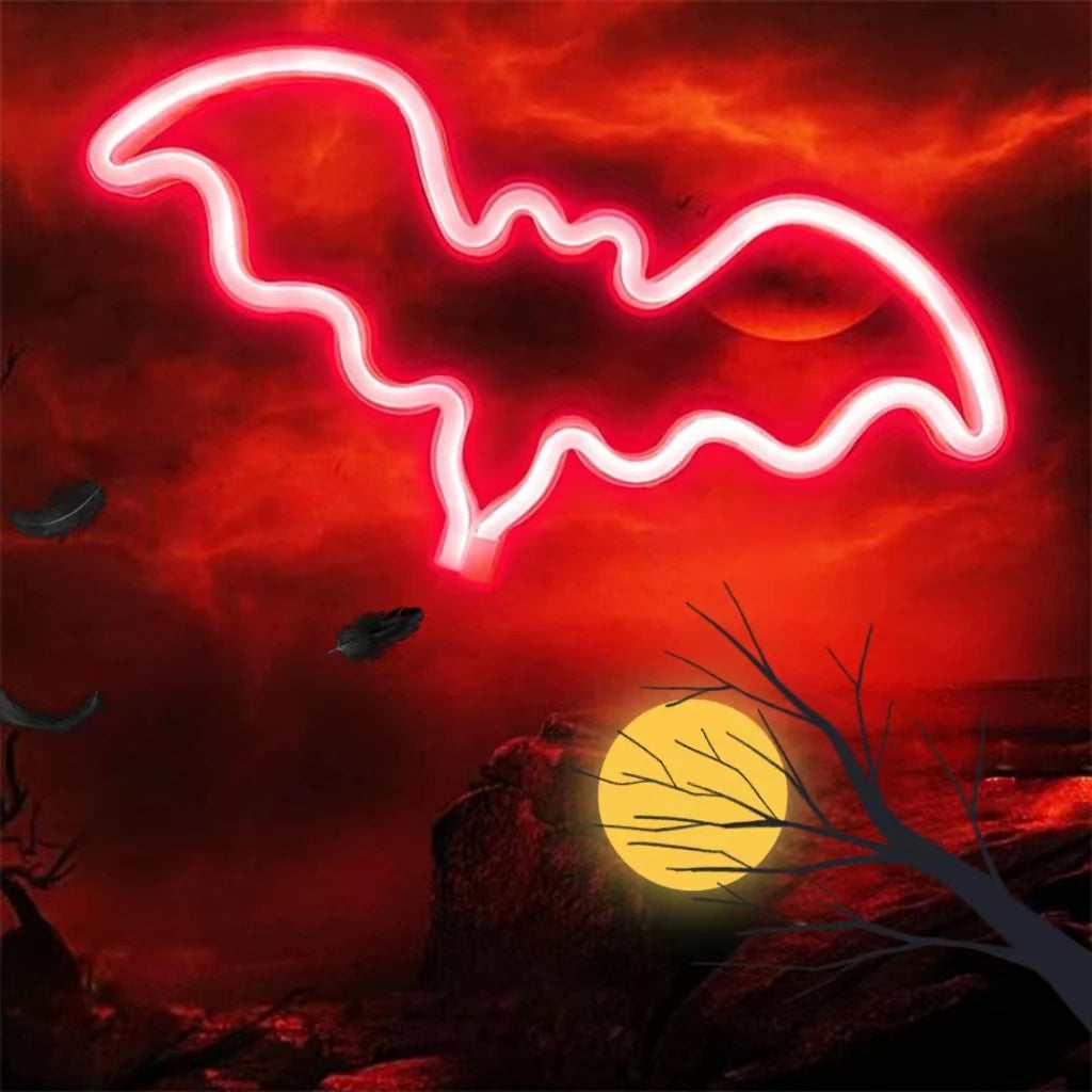 Bat-shaped LED neon wall light in pink
