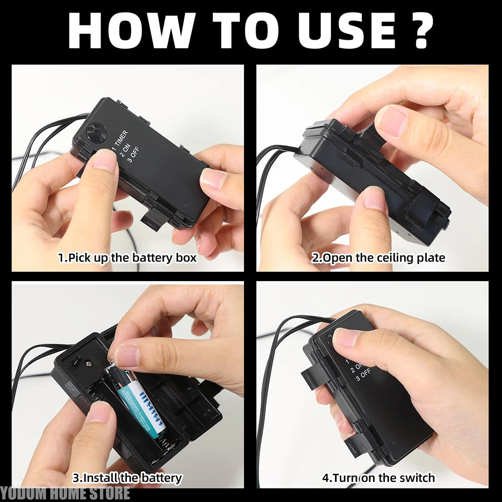 LED glowing eyes timer box instructions: open, insert battery, switch on