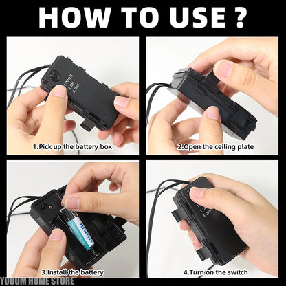 LED glowing eyes timer box instructions: open, insert battery, switch on
