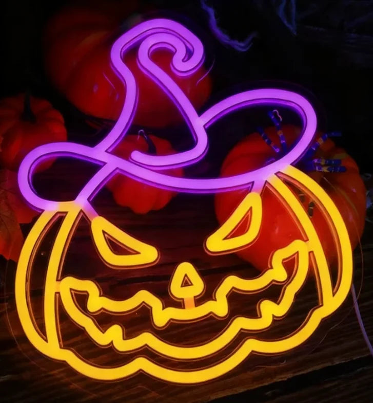 Purple and orange LED neon Halloween decoration with glowing bat-like spirit shape