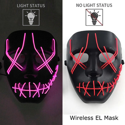 Wireless EL purge mask with neon pink eye X shapes and stitched grin, light and no-light views