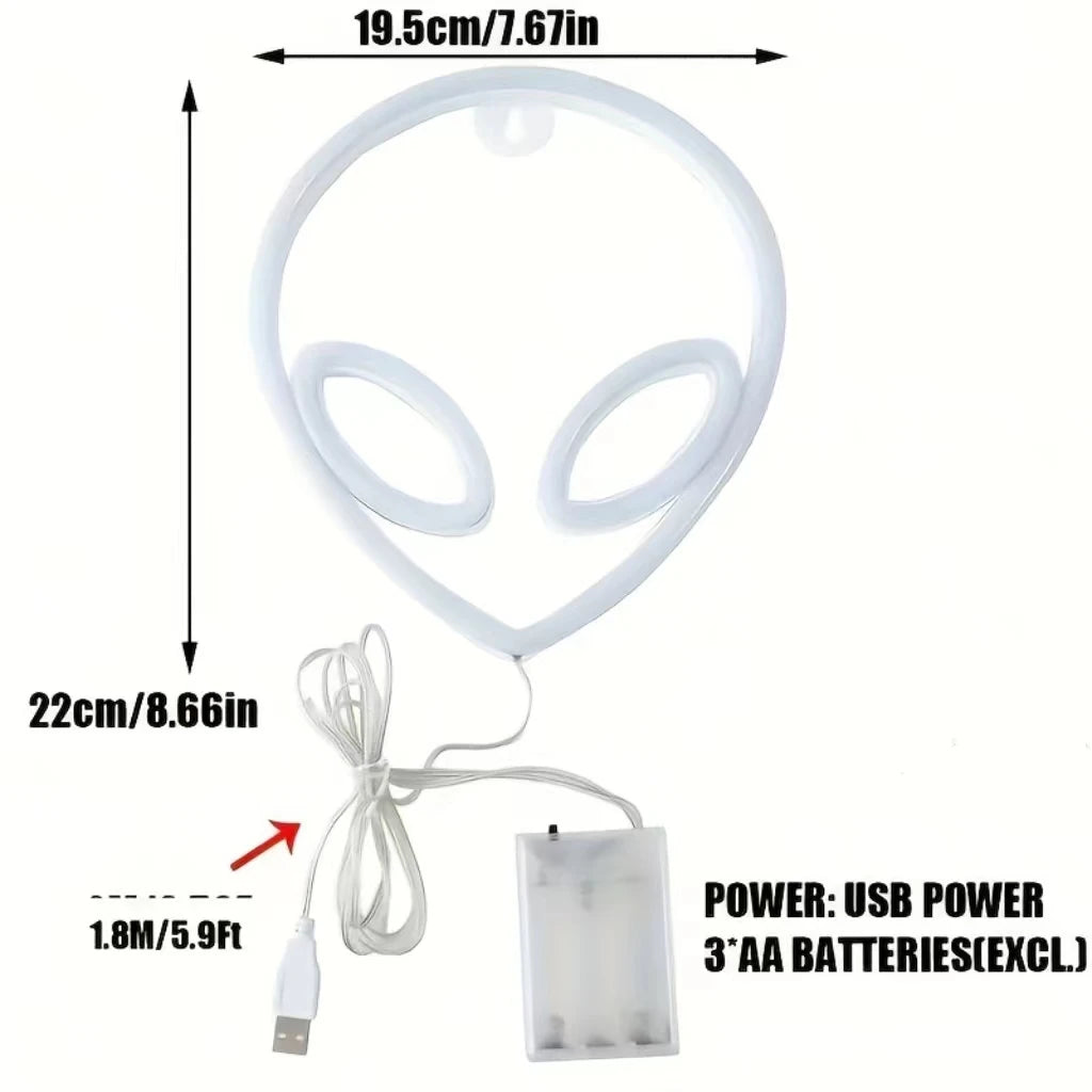 White LED neon alien-head wall decor with USB power cable and hanging hook