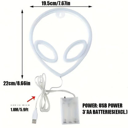 White LED neon alien-head wall decor with USB power cable and hanging hook