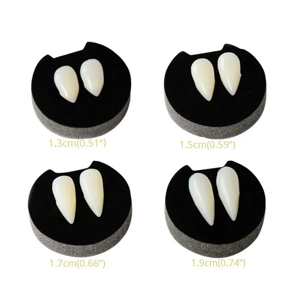 Vampire fang dentures with two ivory fangs on black gum pieces, four size options