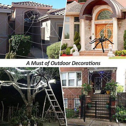 Halloween spider web decor on house exteriors with large stretchable triangle web