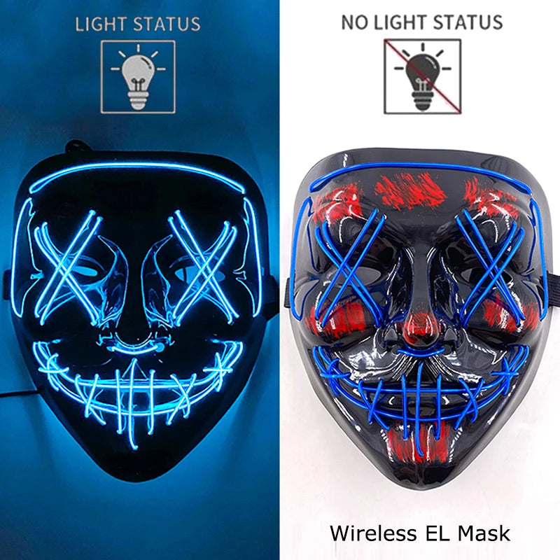 Neon LED purge mask with blue glowing face details and stitched mouth bars